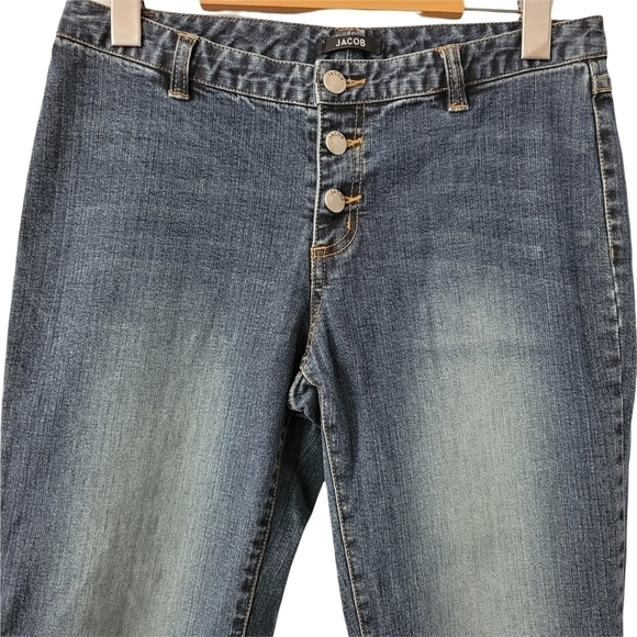 𝅺women's  Button Fly Jeans Mini Bootcut Low Rise Denim Dark Wash Size 8 - Picture 2 of 10